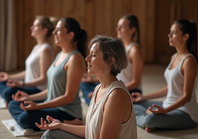 Guided meditation class in a serene studio setting